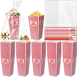 TaoBary 48 Sets Back to School Popcorn Boxes Gifts Bulk for Students Include Red White Striped Popcorn Containers, Welcome Tags, Flat Pocket and Twist Ties for Classroom Movie Night (Paper,Style 2)