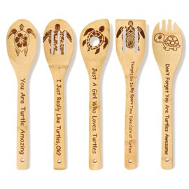 Schildkröte Holzlöffel, Set mit 5 Schildkröte Bambus Löffel, Schildkröte Kochen Deko, Schildkröte Geschenk, Schildkröte Küchenzubehör Kochutensilien, Schildkröte Geschenke für Frauen/Männer