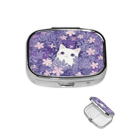 KWSAAHU Metal 2 Compartment Square Pill Organizer Sealed Travel Pill Container, Mini Size Pill Box for Pocket Wallets Two Times a Day Compact Pill Case for Children, Men and Woman - White Cat