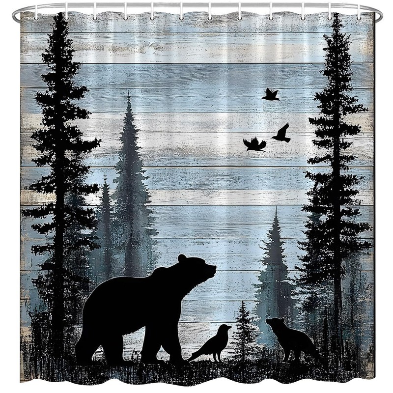 BCNEW Rustic Cabin Bear Forest Shower Curtain Polyester 70×70 Inch