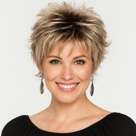 FHATSJ Layered Short Blonde Pixie Wigs for White Women Dark Brown Ombre Blonde Pixie Cut Wig with Bangs Synthetic Natural
