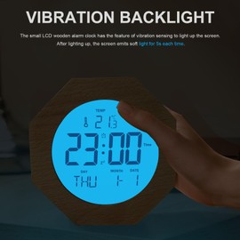 JoFomp Wooden Alarm Clock for Bedroom, 4'' LCD Nightlight Small Digital Clock Battery Operated, Loud Alarm Clock for Heavy Sleepers, Alarm Bedside Clock with Temp/Snooze/Date/Week/Countdown - 12/24H