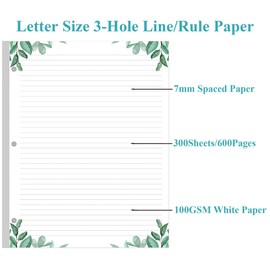 (3-Pack) Letter Size Lined Refill Paper, 3-Hole Punched Ruled Filler Paper, 300Sheets / 600Pages Loose-Leaf Line Paper, 100gsm White Paper, 8.5'' x 11'', Leaf