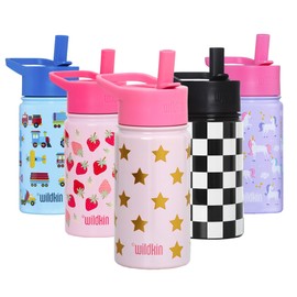 Wildkin Kids 14 oz Reusable BPA-Free Stainless Steel Water Bottle with Leak Proof Lid for Boys & Girls, Insulated, Durable, and Easy to Clean Water Bottles for Toddlers - Pink and Gold Stars