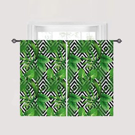 ANHOPE Tropical Curtains Rod Pocket Blackout Room Darkening Curtains with White Black Plaid Palm Leaf Banana Leaf Print Pattern Light Blocking Window Drapes for Kitchen Bedroom 2 Panels 26 x 36 Inch