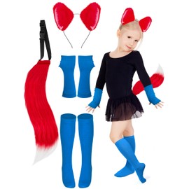 Luces 4 PCS Fox Costume Accessories Kit, Girls Fox Cosplay Outfit, Red Headband Tail Blue Gloves Socks Set Dress Up