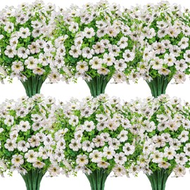 Besteek 20 Bundles Artificial Flowers for Outdoors Decoration Fake Silk Flowers UV Resistant Faux Plants Artificial Daisy Eucalyptus for Spring Summer Garden Yard Porch Window Home Decor, White