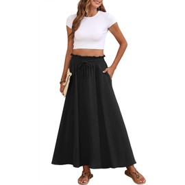 Askyes Women's Black Maxi Skirts Elastic High Waisted Tie Knot Cute Flowy Beach Boho Long Skirts with Pockets,XL