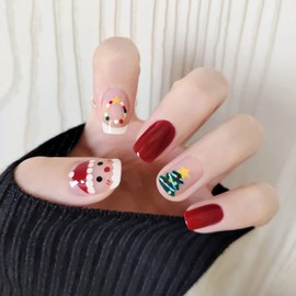 Christmas Press on Nails Short Square Fake Nails Cute Xmas Tree Santa Claus Glue on Nails Winter False Nails Full Cover Stick on Nails Red with Design Green Acrylic Nails Decorations for Women Girls