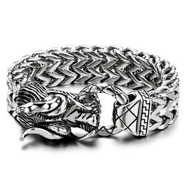 COOLSTEELANDBEYOND Mens Large Stainless Steel Dragon Curb Chain Bracelet, 8.5 Inches Long, Biker Masculine(CA)