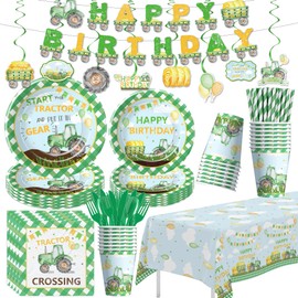 YJRJSC Tractor Birthday Decorations, Farm Theme Green Tractor Party Supplies for Birthday Baby Shower, Paper Plate, Cup, Napkin, Banner, Tablecloth, Swirls, Cutlery, Serves 24