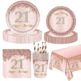 21st Birthday Party Supplies-Complete Pack 21st Birthday Party Tableware Set Rose Gold 21st Birthday Party Plates Cups Napkins Straws Tablecloth Serves 16 for 21st Birthday Party Decorations