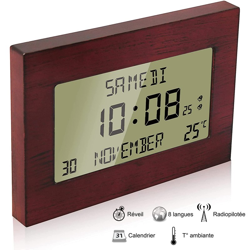 Radio-Controlled Alarm Clock - Calendar with Date Day and Time