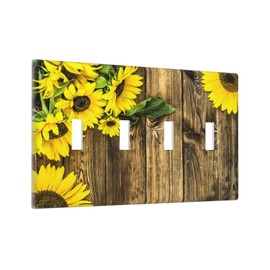 Yellow Flower Sunflower Country Wood 4 Gang Quad Toggle Device Light Switch Cover Wall Plate Decorative Electrical Faceplate Large Size Outlet Covers