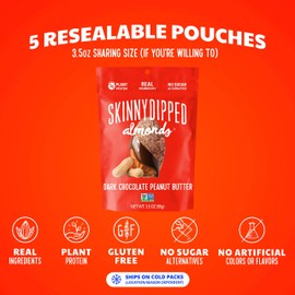SkinnyDipped Dark Chocolate Peanut Butter Almonds, Healthy Snack, Plant Protein, Gluten Free, 3.5 oz Resealable Bags, Pack of 5