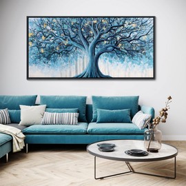 Navy Blue Canvas Wall Art - Blue and Gold Nature Wall Decor, Tree of Life for Bedroom Wall Art, Large Pictures for Living Room, Office, or Bedroom, Framed Landscape Artwork 24×48IN