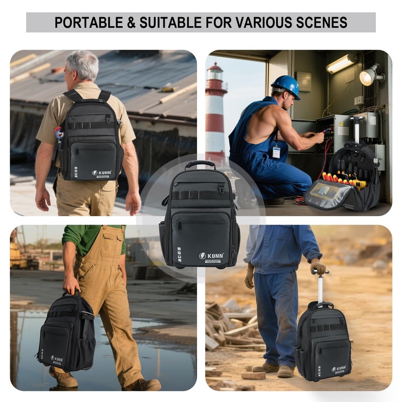 KUNN Tool Backpack with Wheels, Heavy Duty Rolling Tool Bag