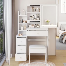 KEIKI Makeup Vanity Desk with Sliding Mirror and Lights, Small Vanity Table with 4 Drawers & Cushioned Stool, Bedroom Dressing Table with Shelves for Girl, 3 Color Modes & Adjustable Brightness, White