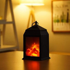Small Cozy Fireplace Lantern Traditional Realistic Log Wood Flame Effect Light LED Charcoal Style Table Lamp for Indoor and Outdoor Use