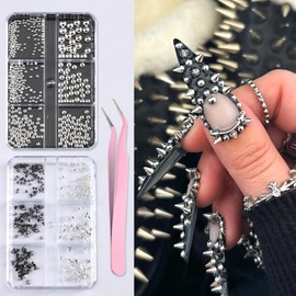 3D Mini Metal Punk Nail Art Studs Mixed Sizes Silver Black Cone Spike Studs Silver Half Round Steel Beads Nail Rivets Jewelry Goth Nail Art Charms Manicure Supplies DIY Crafts Decorations