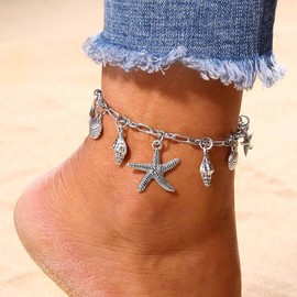 Cybche Boho Conch Starfish Anklet Bracelet Silver Scallop Sea Star Anklet Summer Beach Ocean Trinkets Paperclip Chain Foot Accessory Jewelry for Women