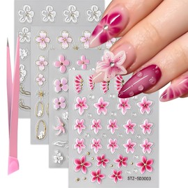 SUTOZMIWE 5D Embossed Flower Nail Art Stickers,Pink White Floral Self-Adhesive Nail Decals,Spring Summer Lily/Hibiscus Blossom Floral Nail Supplies Accessories for Women Girls Manicure Decoration
