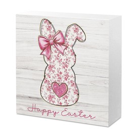 Happy Easter Decor Red Floral Chinoiserie Bunny Decorations for Home Tabletop Desk Farmhouse Bedroom Wooden Decor 5 X 5 Inch
