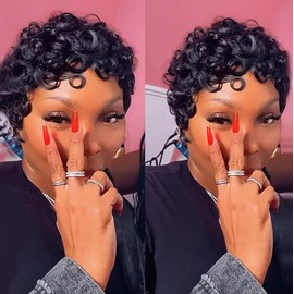 Waveme Pixie Cut Wigs for Black Women Pixie Cut Wig Human Hair Short Layered Wigs Full Machine Made Short Haircut Wig Glueless with Bangs Natural Color 1B