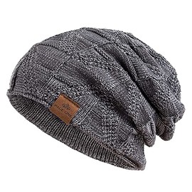 PAGE ONE Mens Winter Slouchy Beanie Warm Fleece Lined Skull Cap Baggy Cable Knit Hat Gray