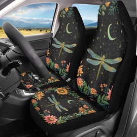 Guevoxuh Dragonfly Moon Flower Front Car Seat Cover for Vehicle Set of 2 Automotive Seat Covers High Bucket Seat Protector Universal Fit Car Sedan Van Truck, Black