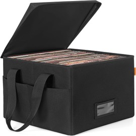 BQKOZFIN Record Case, Vinyl Record Storage Box, L43 x Width 34 x Height 34cm 12 inch LP Record Storage Box with Lid, Holds About 100 LP Discrete Boards Dustproof (Black), black, Modern