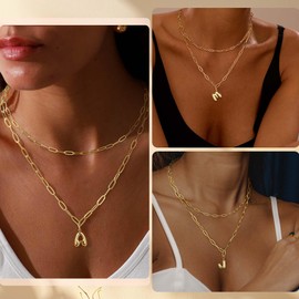 Ritach Paperclip Necklace for Women 14K Golden Plated Initial Thick Bubble Link letter Layered Necklace for Gifts (J-S)