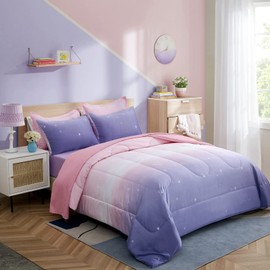 Dinjoy Girls Women Comforter Set King Size Ombre Pink Purple Rainbow Bedding Set 7 Pieces Bed in A Bag for Teen Adult (1 Comforter, 1 Flat Sheet, 1 Fitted Sheet, Pillow Shams & Pillowcases)