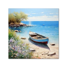 Boat Wall Art Coastal Bathroom Wall Decor Beach Framed Painting 12x12 Inch