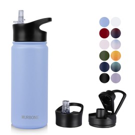MURBONE Stainless Steel Drinking Bottle 500 ml (+ 2 Lids) with Straw, BPA-Free, Leak-Proof, Suitable for Carbonated Drinks, Thermos Flask, Vacuum Double Wall Insulation for Sports, Travel, Camping