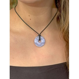 Lebensquelle Plus Chalcedony Blue Gemstone Donut | Diameter 30 mm Pendant, Stainless Steel, Chalcedony Aventurine