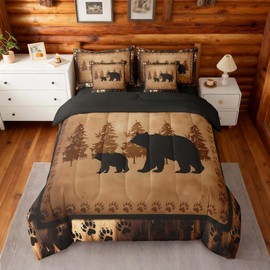 Feelyou Bear Comforter Set Queen Size 7 Pcs Cabin Lodge Bed in a Bag Rustic Wild Animals Bedding Farmhouse Hunting Bed Set with Sheets, Pillowcases, Pillow Covers