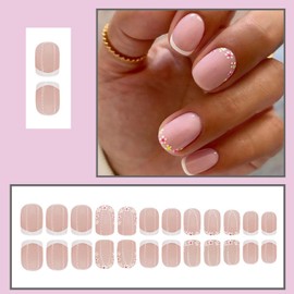 RIICFDD Spring Press on Nails Pink Fake Nails Short Square False Nails White French Tip Nails Mini Floral Stick on Nails Full Cover Simple Style Spring Summer Glue on Nails for Women 24 Pcs