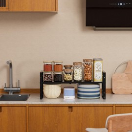 Wobmmi Expandable Spice Rack, Stackable Metal Pantry Storage Shelves Stand, Adjustable Height Cabinet Shelf Organizer Rack(1PACK/Black,Large)