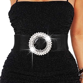 Obmyec Rhinestone Waist Belt Wide Elastic Dress Belts Crystal Stretchy Belts Sparkle Cinch Waistband for Women (Fit Waist Size: 34’‘-43’‘)