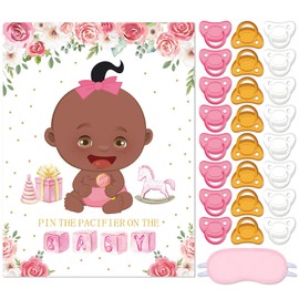 Faccito Pin the Pacifier Baby Shower Games Baby Shower Party Decoration Include Large Poster 24 Pacifier Stickers Pink Blindfold Pin Floral Game Set for Birthday Party Decorations Game Supplies(Brown)
