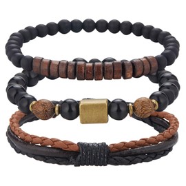 Dazylleco Pack of 3 Pearl Bracelets for Men Natural Stone Bracelet Black Stainless Steel Leather Bracelet Adjustable Jewellery Set Men's Gift Father's Day for Men, Stone, No gemstone