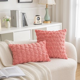 Set of 2 Heart Love Cute Coral Red Decorative Throw Pillow Covers 12x20, Soft Plush Faux Fur Wool Pillow Covers for Couch Sofa Home