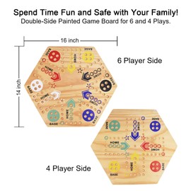 MUCITAGF Original Marble Game Wahoo Board Game 16-Inch Double Side Painted Wooden Fast Track Board Game for 6 Player and 4 Player, 6 Colors 36 Glass Marbles 8 Dice for Family Game Night, Friends Party
