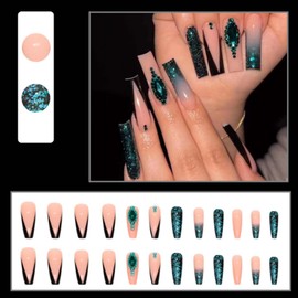 Gifiky Gradient Fake Nails Long Coffin Press on Nails French Nails Tips Crystal Gem Design Full Cover False Nails Green for Women and Girls 24Pcs
