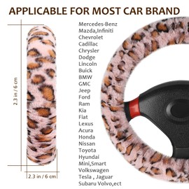 Accmor Fuzzy Steering Wheel Cover, Universal Fit Fur Car Wheel Cover & Handbrake Cover & Gear Shift Cover Set for Women Girls, Leopard Winter Warm Fluffy Vehicle Wheel Protector for Auto, SUV (Pink)