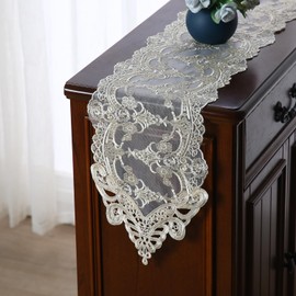 Vintage Lace Table Runner, Beige Crochet Lace Table Runners Macrame Embroidered Doilies for Furniture,Wedding Party Table Dector(Beige, 10 x 47 Inch)