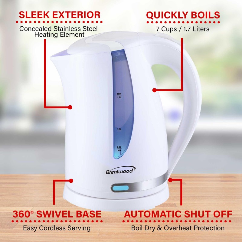 Brentwood 1100W 1.7L BPA Free Cordless Electric Kettle with Concealed
