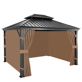 10x12 Gazebo Curtains, 4-Panels Gazebo Replacement Curtains with Zipper & Hooks, Outdoor Waterproof Sidewalls for Patio, Pergola, Yard, Garden(Khaki, 10'×12')