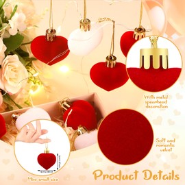 Lunmon 12 Pcs Valentine's Day Velvet Heart Ornaments Valentines Heart Decorations Red White Heart Shaped Baubles Valentine's Day Tree Hanging Decorations